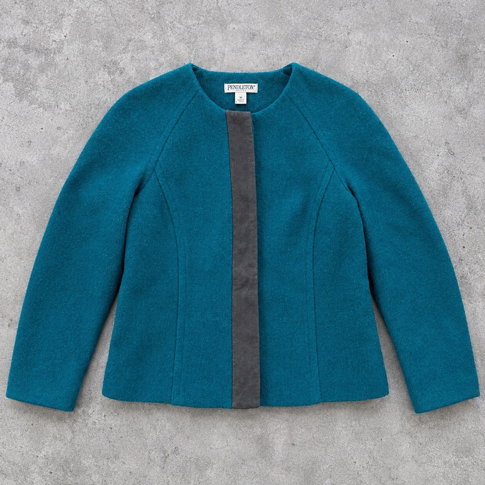 Vintage Pendleton 100% Merino Wool Teal Blue Collarless Ultra Suede Trim M P